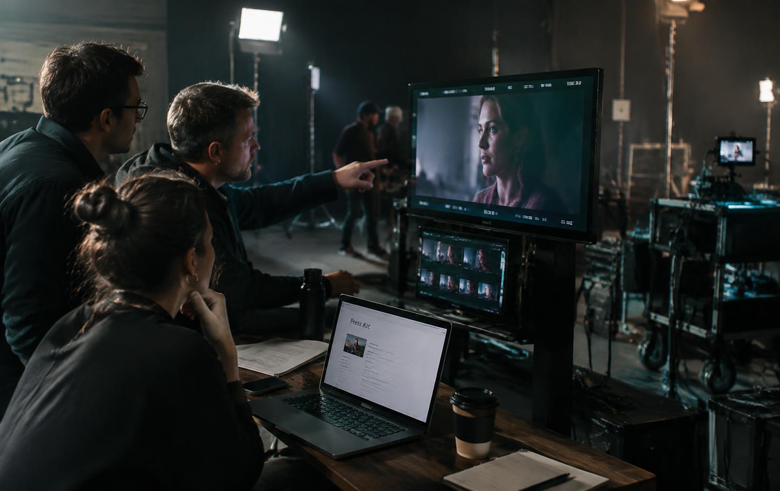 Video village review: a PR team and director review a product launch edit on set