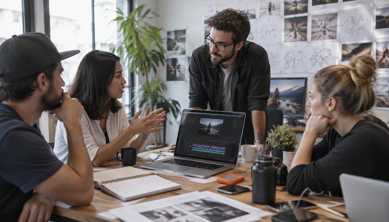 Marketing agency team planning a client video campaign with their production partner